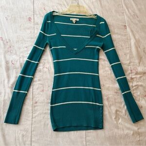 Teal Striped V-Neck Sweater